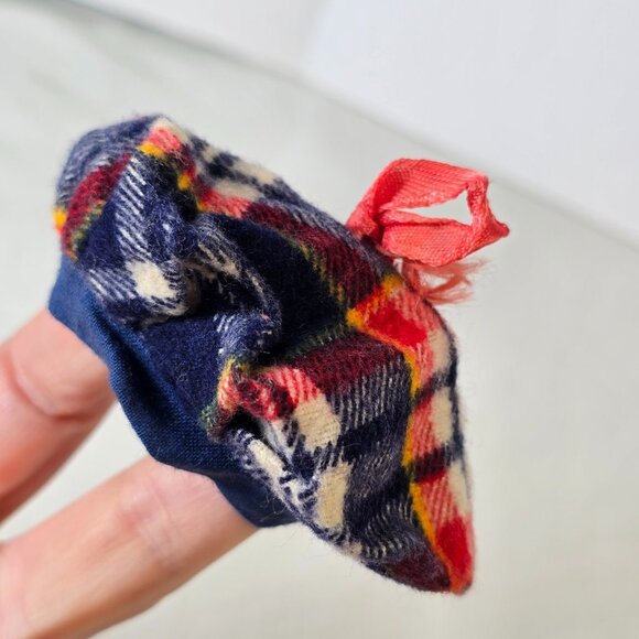 Vintage Doll Hat Beret Plaid Tartan Small Baby Flannel Bow Scottish Accessory - Picture 3 of 9